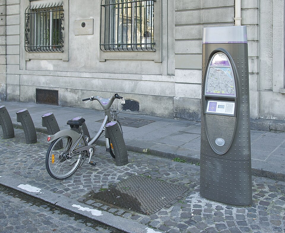 A row of Vélib share bikes docked in Paris